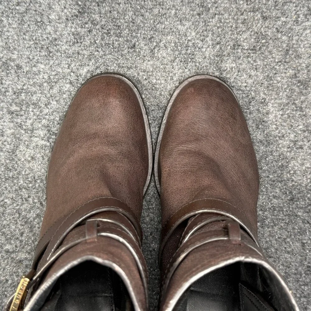 Tory Burch Hastings‎ Ankle Boots Women's Size 9 Brown Leather Cross Strap Heeled